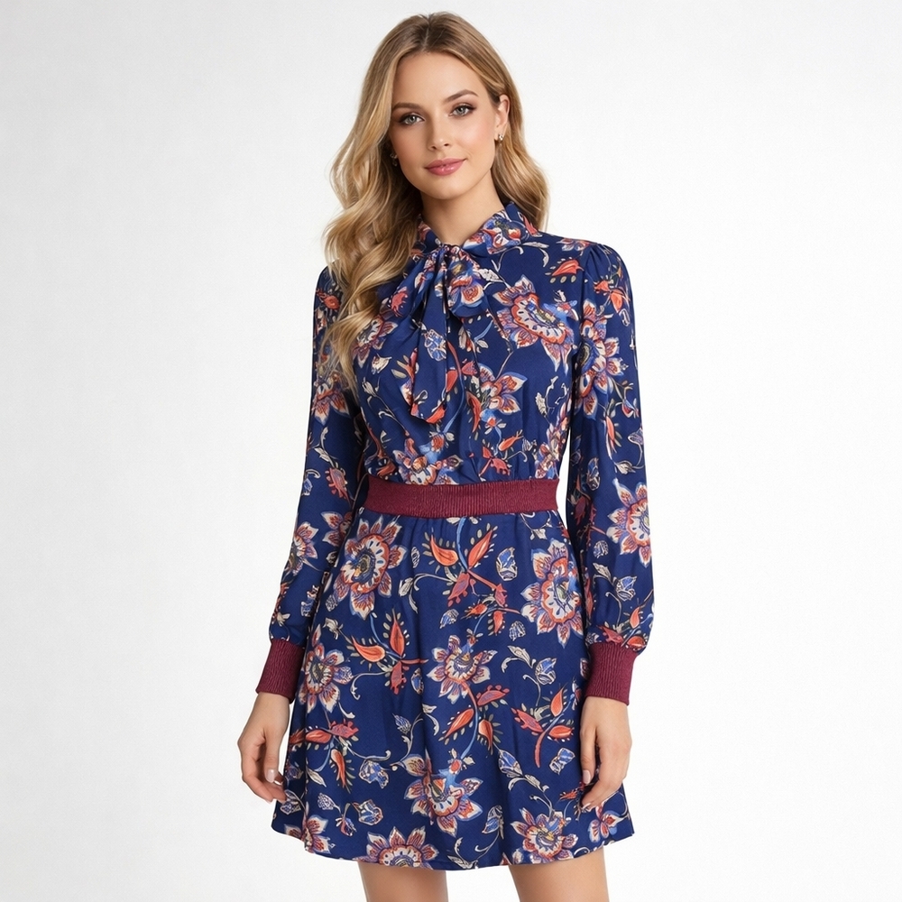 Roman Vintage-Inspired Floral Print Bow Tie Dress with Burgundy Accents Size S